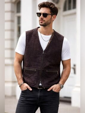 Vintage Chocolate Brown Suede Leather Vest, Size Large, Zip Front